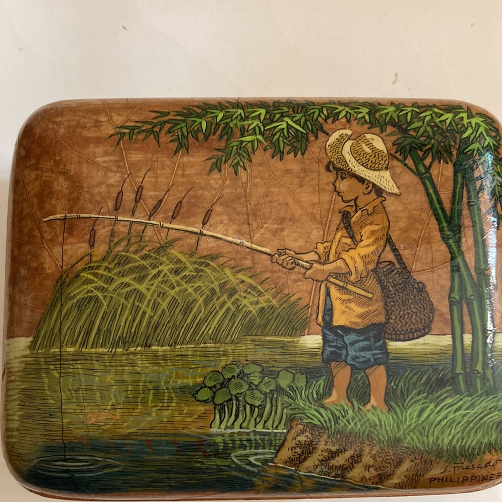 Vintage Wooden Trinket lacquer box from Philippines artist signed boy fishing